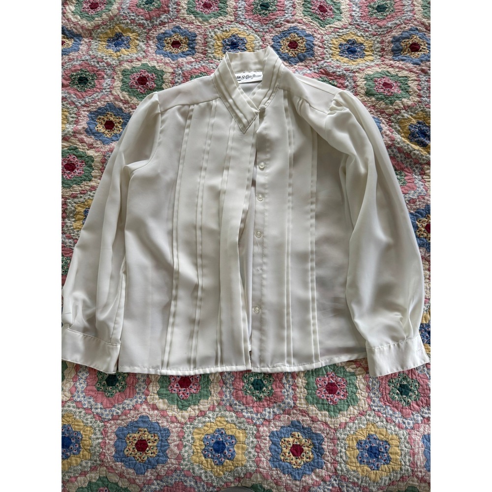 Vintage 80s Yves St. Clair Ivory Pleated Blouse High Neck Coquette Cream 12P
